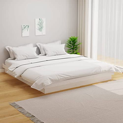 Mandloder Massivholzbett Weiß 180x200 cm, Kiefernholz Bettrahmen, Lattenrost für Matratze, stabiles Doppelbett, rustikaler Schlafzimmer-Stil