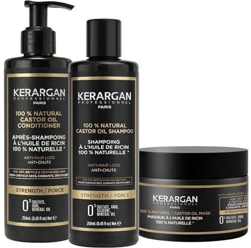 KERARGAN - Rizinusöl Trio Shampoo, Conditioner & Haarmaske - 3x250ml | Shampoo, Conditioner und Haarmaske, stärkende Routine zum Reinigen, Entwirren und Pflegen brüchiger Haare