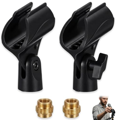 Zlokdraxy Universal Mikrofonhalter 2 Stück, 180° verstellbare Mikrofonklammer mit 5/8 Zoll auf 3/8 Zoll Schraubadapter, Anti-Rutsch Mikrofonhalterung aus Kunststoff+Kupfer für Handmikrofone Schwarz