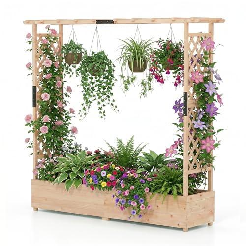 GOPLUS Jardinera con Enrejado, Macetero de Madera de Abeto con Soporte para Trepadoras y Techo, 2 Macetas, Agujeros de Drenaje, Panel Separador, Jardinera Exterior Grande, 196 x 44 x 182 cm (Natural)