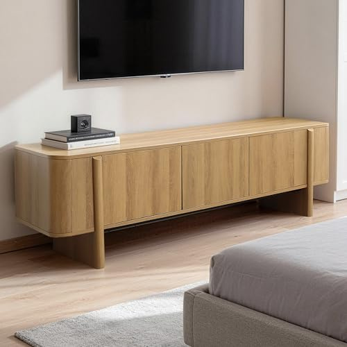 Hometopia TV-Lowboard 160 cm in Eichenoptik mit Rahmenfüßen | Modernes TV-Board mit 3 Push-to-open-Türen, verstellbarem Einlegeboden und 2 Kabeldurchlässen, 160 × 39,5 × 49 cm