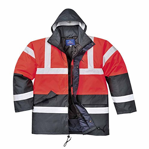 Portwest S466 Men's Waterproof Hi Vis Traffic Jacket - Reflective Safety Coat Red/Navy, Large