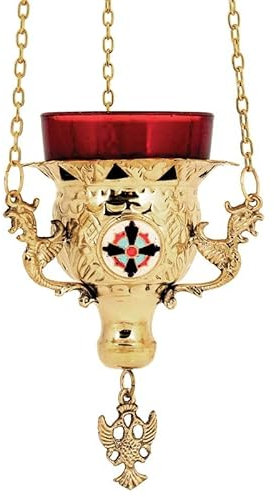 Lampe a huile en bronze a suspendre, culte chretien orthodoxe Grec avec coupelle en vevre rouge pour les veillée bougie 9771b