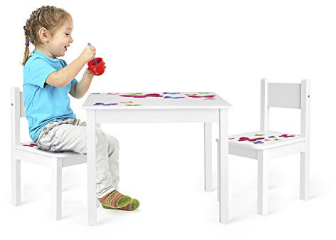 Leomark Weiß Kindertisch und 2 Stühle aus Holz - Schmetterlinge YETI - Dim: 60x60x49 (H) cm, Kinderstuhl für Kinder, Kindersitzgruppe, Sitzgruppe mit UV Aufdruck