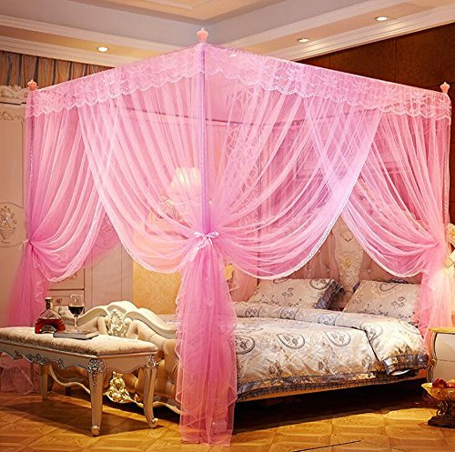 Nattey Betthimmel mit 4 Ecken, Prinzessinnen-Bettvorhang, Baldachin, Moskitonetz, Baldachin (Doppelbett, Rosa)