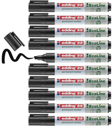 edding 22 Ecoline permanent marker - black - box of 10 - chisel tip 1-5 mm - waterproof, quick-drying, smear-proof pens - for cardboard, plastic, glass, wood, metal and fabric - refillable