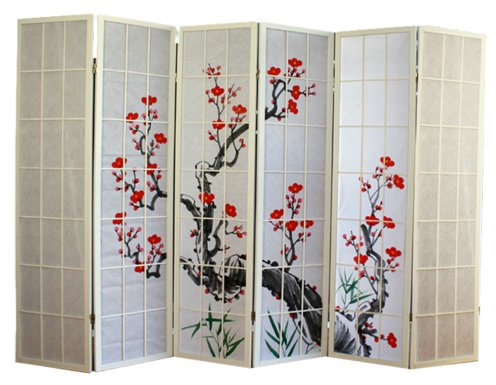 Paravent japonais fleur de cerisier en bois blanc de 6 pans, L264 x H175 x P2 cm -PEGANE-