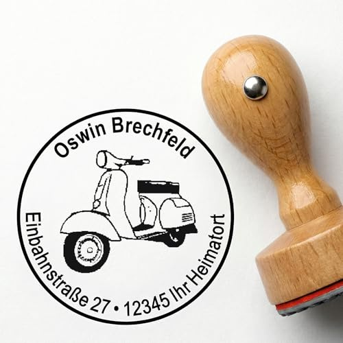 Runder Stempel aus Holz mit Motorroller Motiv – Personalisierter Holzstempel für Briefumschläge, Post & Geschenkverpackungen