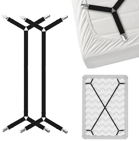 FeelAtHome Criss-Cross Bed Sheet Holders, 2 PCS Black, Mattress Straps | Keep Fitted Sheets Tightly in Place. Heavy Duty Criss Cross Elastic Mattress Suspenders with Strong Clamps. Fits All Beds