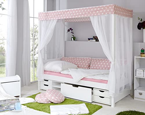 TiCAA Kinderbett Himmelbett mit Schubkasten 90x200 cm, für Jungen & Mädchen, inkl. Vorhangstoff, Montessori Bett weiß aus Kiefer Massivholz