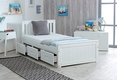 White Single Storage Wooden Mission Bed with Drawers Pine