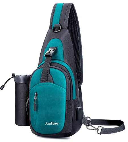 AmHoo Sling Backpack Chest Shoudler Crossbody Bag Waterproof Hiking Daypack for Women and Man with Water Bottle Holder and USB Charging Port-Turquoise