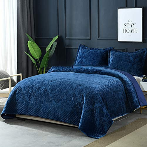 WDXN Tagesdecke 230 x 250 cm Bettüberwurf Gesteppt Bettwäsche Geprägte Aus Besticktem Hochwertigem Samtstoff Blaue Wendebettdecke Mit 2 Kissenbezügen
