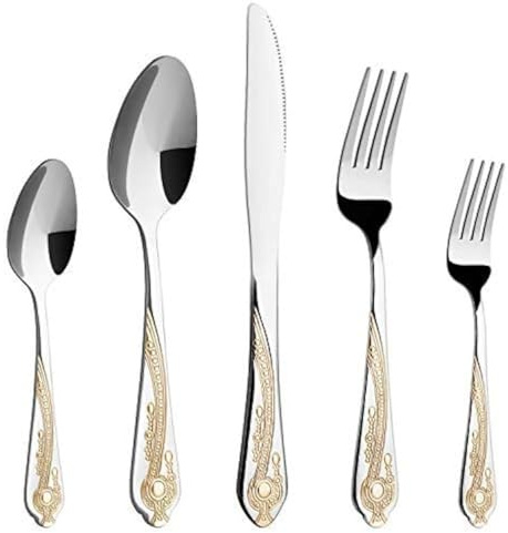 Gold Silverware Set, HF HOFTEN 20 Piece Stainless Steel Golden Flatware Set for 4, Silver Tableware Set with 24K Gold-Plated Trim, Tableware Eating Utensils, Great for Family Gatherings & Daily Use
