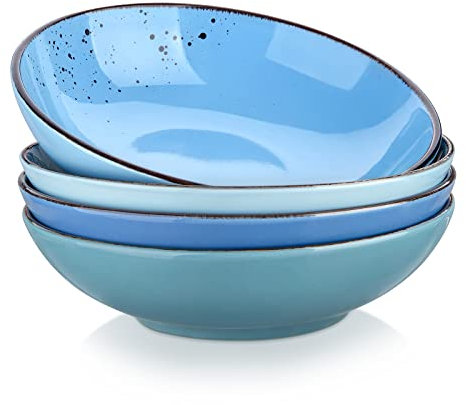 vancasso Navia Oceano Pasta Bowl Soup Bowl Set 8in Ceramic Soup Plate, Stoneware Vintage Look Blue Dinnerware Tableware, 900 ml Ramen Noodle Bowl Set of 4