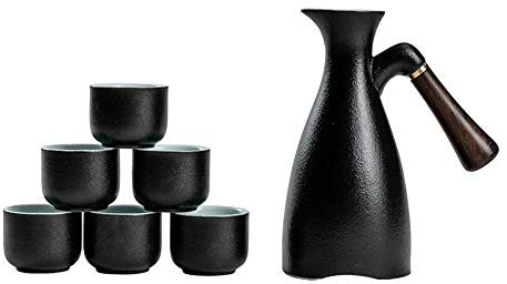 QWEASDF Ensemble À Saké Japonais, Artisanat Traditionnel en Céramique, Coffret Cadeau 7 Pièces (Dont 1 Bouteille, 6 Tasses), Manche en Bois, Rétro Et Élégant, Convient comme Cadeaux Et Décorations