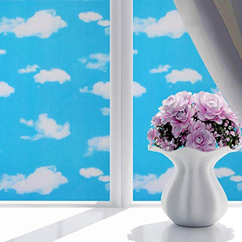 Blickdichte Fensterfolie Blauer Himmel und weiße Wolken 3D Fensterfolie Statisch Selbstklebend Sichtschutzfolie Milchglasfolie Statisch Haftend Dekofolie Klebefolie Anti-UV 60 x 200 cm