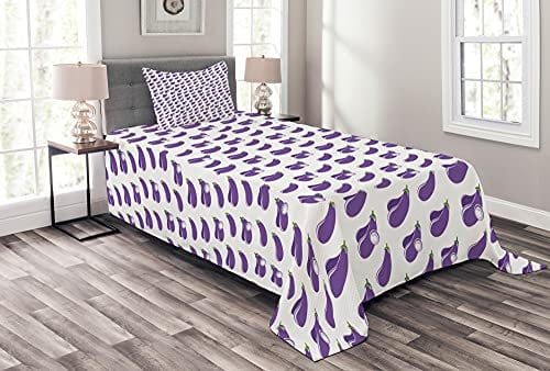 ABAKUHAUS Aubergine Tagesdecke Set, Auberginenscheiben Entwurf, Set mit Kissenbezügen Weicher Stoff, 170 x 220 cm, Violett Grün Weiß