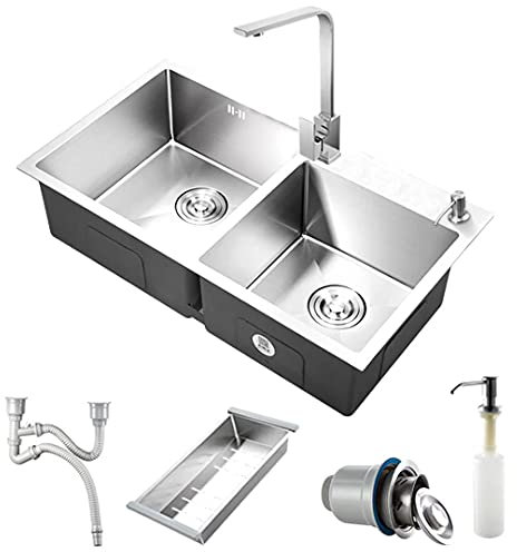HGTRH Grand évier De Cuisine 2 Bac avec Double Vasque, évier INOX Slimtop avec Siphon Et Trop-Plein, Robinet Rétractable Rotation À 360 ° Et Variantes De Robinets, Montage à Encastrer