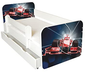 AS-TOR Kinderbett Jugendbett Igor 70x140cm mit Matratze, Schublade und Abnehmbarem Geländer - Bett Schlafzimmer Kindermöbel Kinderbetten für Mädchen und Junge, Hochwertige Möbelplatte - Rotes Auto