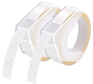 Cruxer Präglingstejp ersättning för Omega etikettband, självhäftande präglingstejp, 9 mm x 3 m, vit på klara vinyletiketter för Omega Junior präglingsetiketter, 2-pack
