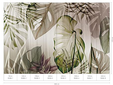 Vlies Fototapete mit Palmenblättern | Tropische Blätter Tapete mit Monstera modern | Dschungel Bildtapete in Weiß Grün Lila für Wohnzimmer