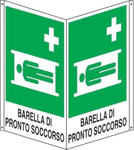 NEW CARTELLO SEGNALETICO BIFACCIALE - barella di pronto soccorso - In Alluminio Con Stampa Diretta U.V. (IDEALE ANCHE PER ESTERNO) (30X42 CM)