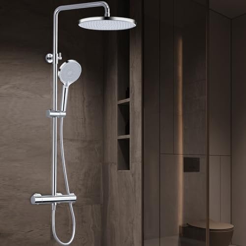 GAOZHI Colonna Doccia con Miscelatore Termostatico,Doccia con Soffione 23x23cm e Doccetta 3 Funzioni, Ugelli Anticalcare Sistema Doccia con Antiscottatura Saliscendi Doccia Regolabile 80-120cm,Cromo