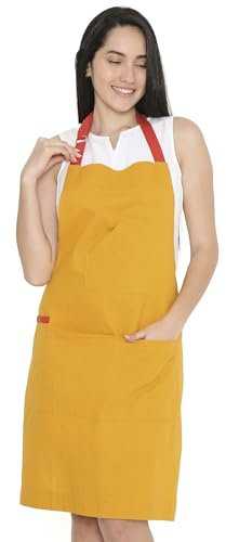 Encasa XO Verstellbare Küchen Schürze mit Taschen und Handtuchhalter, 68x85 cm, recycelte Baumwolle, für Zuhause, Restaurant, Männer & Frauen, Kochen, Backen - Mango