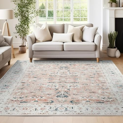 TOPICK Washable Rug 150x210cm Floral Pink Large Rug Non Slip Lightweight Carept for Living Room Bedroom Dining Room