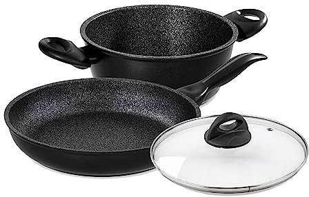 Barazzoni Granitica Extra Induction, Set 3 Pezzi, Padella 24 Cm, Casseruola 20 Cm, Coperchio in Vetro 20 Cm
