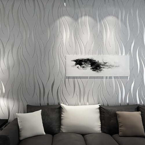 Trafagala 9.5 m x 0.53 m Silver Grey Glitter Striped Wallpaper Modern Damask Embossed Textured Wallpaper for Living Room Bedroom TV Background Non-Woven Wallpaper Roll Wave Stripes