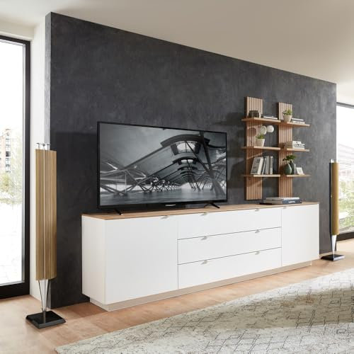 Lomadox TV Sideboard Set mit Wandregalen Fernsehschrank weiß mit Eiche, Breite 240 cm, Wohnwand, Fernsehwand