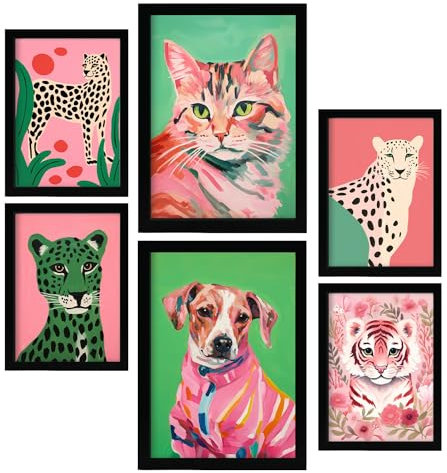 Nacnic 6er-Set Rosa Haustiere Poster. In Kindergarten. Ästhetische dekorative Gemälde für Ihr Wohnzimmer, Schlafzimmer, Zuhause Größen A4 und A3 mit schwarzen Rahmen
