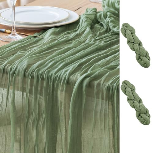 Asee'm 2PCS Tischläufer Käsetuch 300 x 90cm Salbeigrün Boho Transparente Läufer Tisch Hochzeit Gaze Stoff Rustikale Käse Tuch für Braut Dusche Party