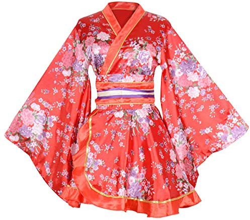 Generisch Damen Sexy Kurzes Kimono-Kostüm für Erwachsene, japanische Geisha-Yukata-Drucke, Kleid, Blüte, Verkleidung mit Obi-Gürtel, rot, One size