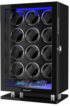 XTELARY Uhrenbeweger für 12 Uhren Automatik Uhrenbeweger Fingerabdrucksperre Ausgestattet mit leisem Motor Verstellbarer Uhrenmatte mit LED-Beleuchtung