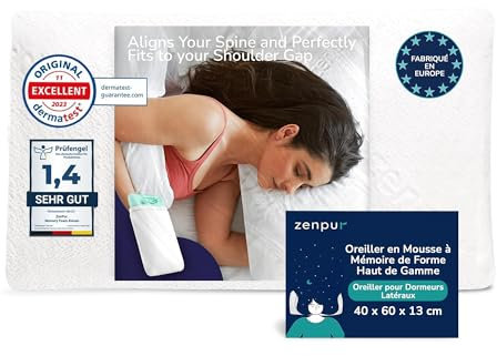 ZenPur Ergonomisches Kopfkissen aus Memory-Schaum – optimale Unterstützung für Seitenschläfer – hergestellt in der EU, entspricht dem Öko-TEX Standard 100 – perfekte Unterstützung für Kopf, Hals und