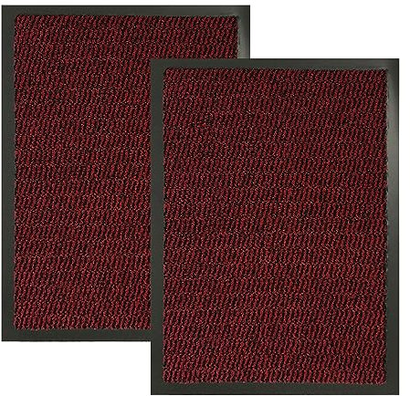 KAV Non-Slip Washable Door Mat Dirt Trapper - Dust Absorbent Entryway Rug - Front Door Decor, Durable Indoor and Outdoor Doormats for Home, Kitchen & Bathroom Mat - 60cm x 90cm - Red/Black Pack of 2