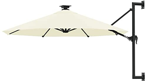 Gecheer Wall-mounted Cantilever Parasol Umbrella Garden Parasol Sun Shade Shelter Canopy for Outdoor, Garden, Patio, Beach with LEDs and Metal Pole 300 cm Sand