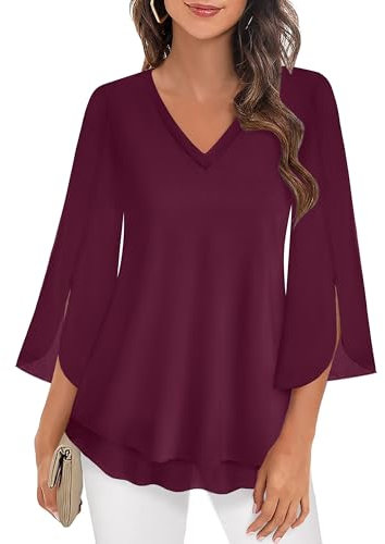 Datuhao Bluse Damen Lässig Elegant Oberteile für Hochzeit Blusen für Damen Festlich Party Dreiviertelarm Shirt Rot V-Ausschnitt Langarm Tunika Lang Sommer A-Linie Blusen Casual