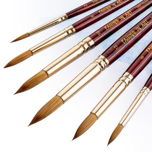 COOZEE Lot de 6 pinceaux ronds pour aquarelle avec poils de martre - Différentes tailles de pointe - Manche en bois - Idéal pour la peinture à l'aquarelle