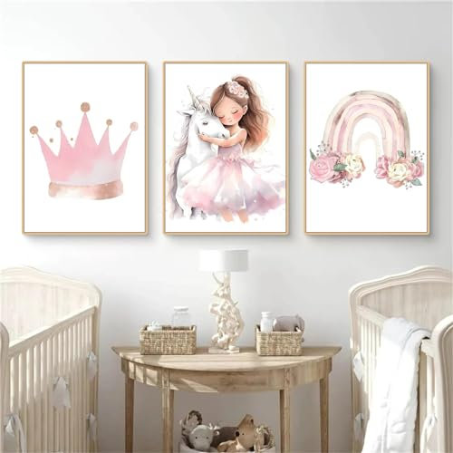 Herfair 3er Set Poster Kinderzimmer Rosa Prinzessin Einhorn Mädchen Deko Bilder Babyzimmer Mädchen Kinder Deko Bilder Kinderzimmer Ohne Rahmen (50x70cm)