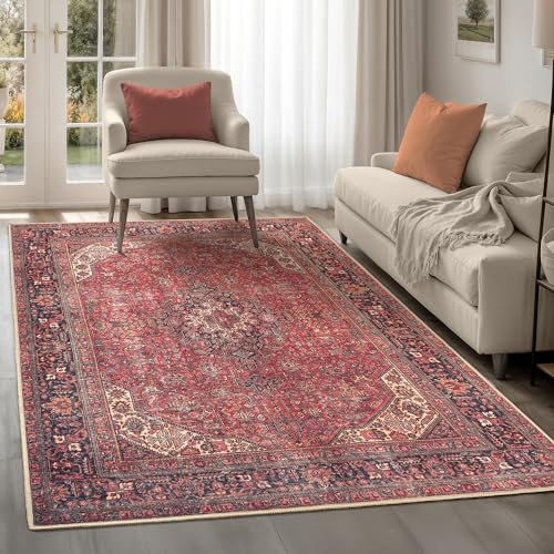 artyrugs Machine Washable Rug, 240x330cm, 75% Recycled Cotton, Short Pile, Non-Slip Backing, Non-Shedding, Area Rugs for Living Room, Bedroom, Kitchen, Hallway, Office, Aesthetic Crimson Red