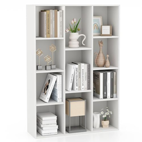 COSTWAY 11-Cube Bookcase, Wooden Book Storage Organizer Display Cabinet with Anti-tipping Kits, Freestanding Modern Geometric Bookshelf for Study Bedroom Living Room (White)