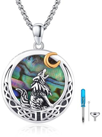 REDSUN Damen Erwachsene Frauen Wolf Urnenkette 925 Sterling Silber Abalone Muschel Mond Urnenkette für Asche Schmuck für Asche Schmuck Anhänger für Mama Papa Frauen