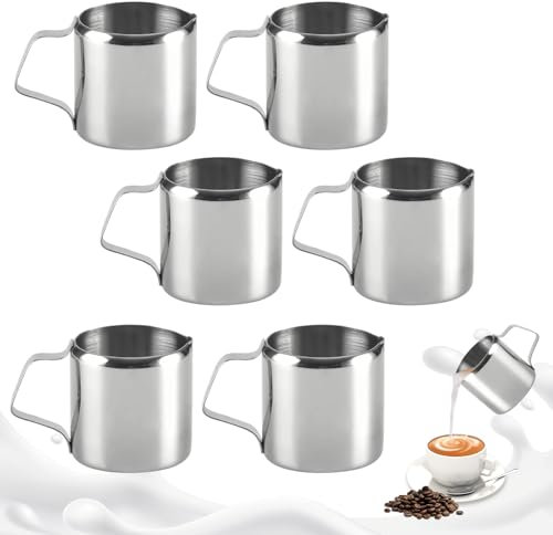 WIYETY Lot de 6 pots à lait en acier inoxydable de 90 ml, mini pots à mousse de lait de 3 oz, petit pot à expresso, pot à mousse de lait, petits pichets pour crème à café, cappuccino latte