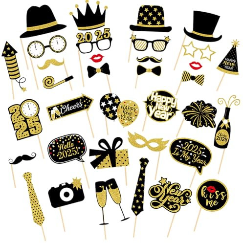 35 pcs Silvester Deko 2025，Silvester Foto Requisiten，Silvester Fotorahmen Bilderrahmen Schwarzes Gold，Fotobox Accessoires，Silvester deko zubehör，Silvester Photo Booth Props Hüte Brille