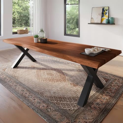 trelevo Esszimmertisch 240x100 cm, Akazienholz massiv, Tischplatte nussbaumfarben, echte Baumkante, X-Gestell schwarz, Baumkantentisch