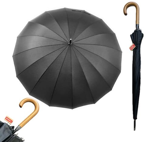 Paraguas Grande XXL Resistente Al Viento, 16 Varillas Reforzadas, Paraguas Plegable Antiviento Dama o Caballero, Mujer Hombre Negro, Extra Grande, Automático, 110cm Diametro MANGO DE MADERA (Marino)